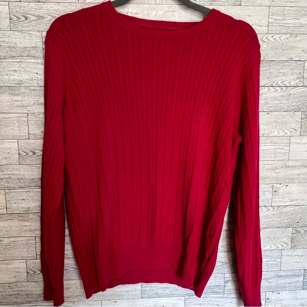 Kim Rogers‎ Red Cable Knit Sweater- Size Lg-Petite 100% Cotton Stretch Pre-owned
